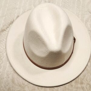 Fedora Hat in Ivory with attached brown faux leather trim